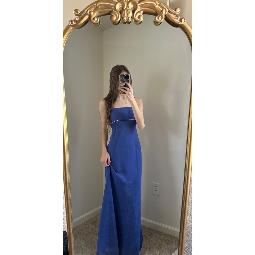 Vintage Y2K 90s Jump Blue Glitter Rhinestone Open Back Long Dress, 3/4
